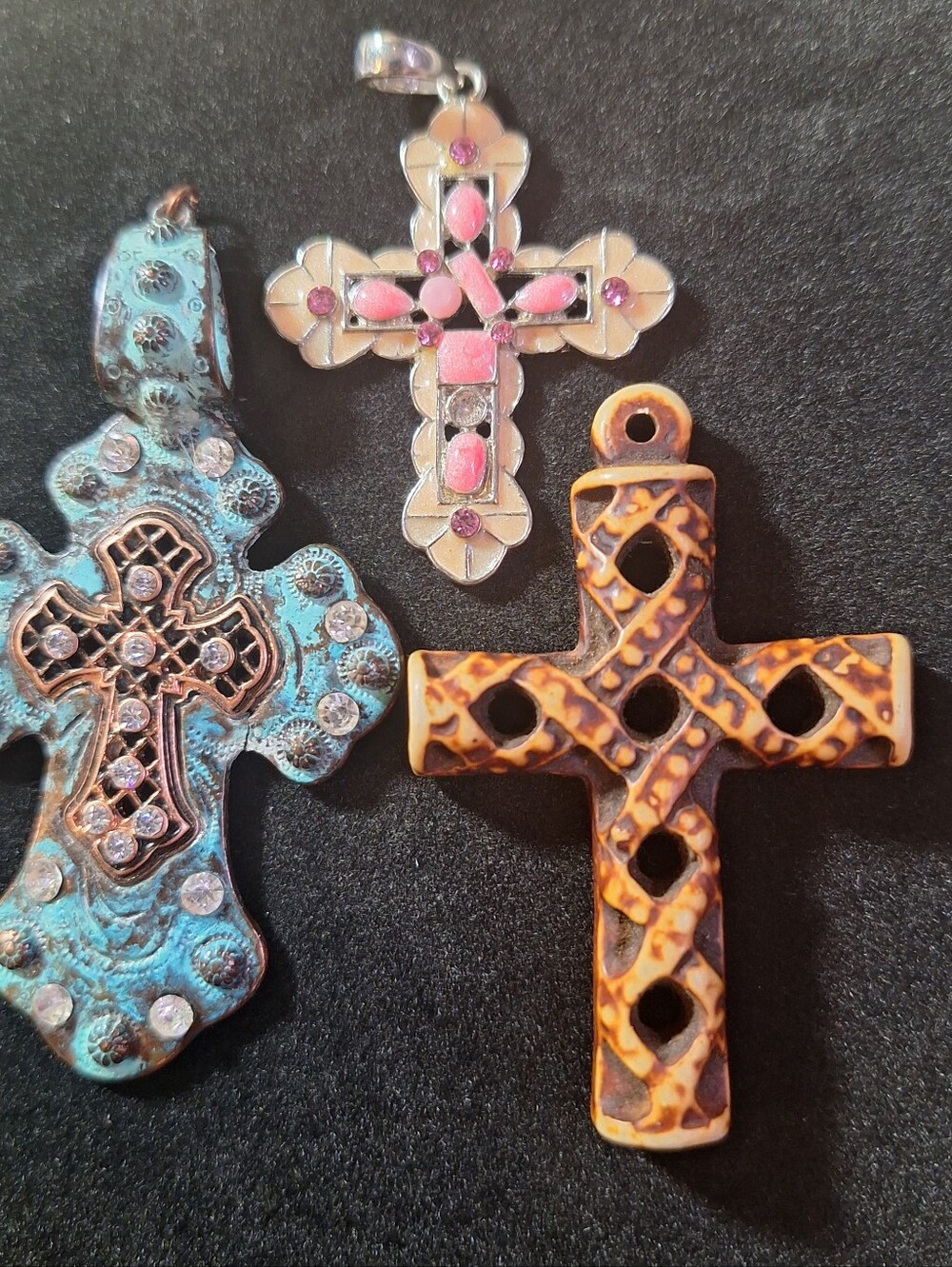 Cross Pendant Lot Of 3 Brown Resin  Turqoise Color Pink Enamel And Stone